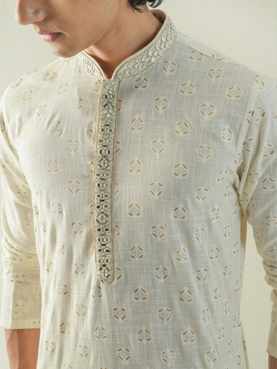 Mens Off White Cotton Print Kurta