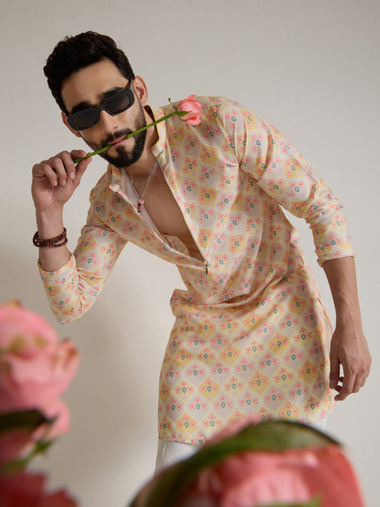 Mens Yellow Blended Print Kurta with Zip
