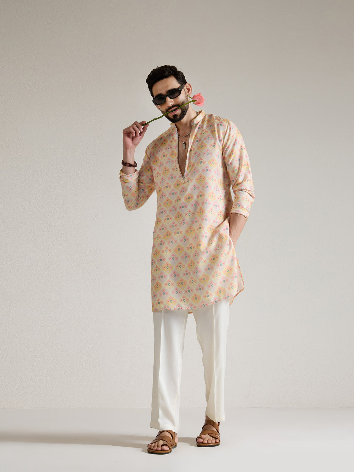 Mens Yellow Blended Print Kurta with Zip