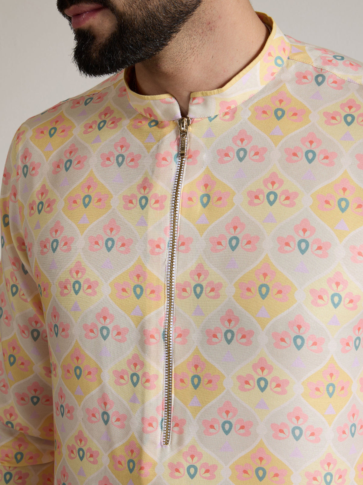 Mens Yellow Blended Print Kurta with Zip