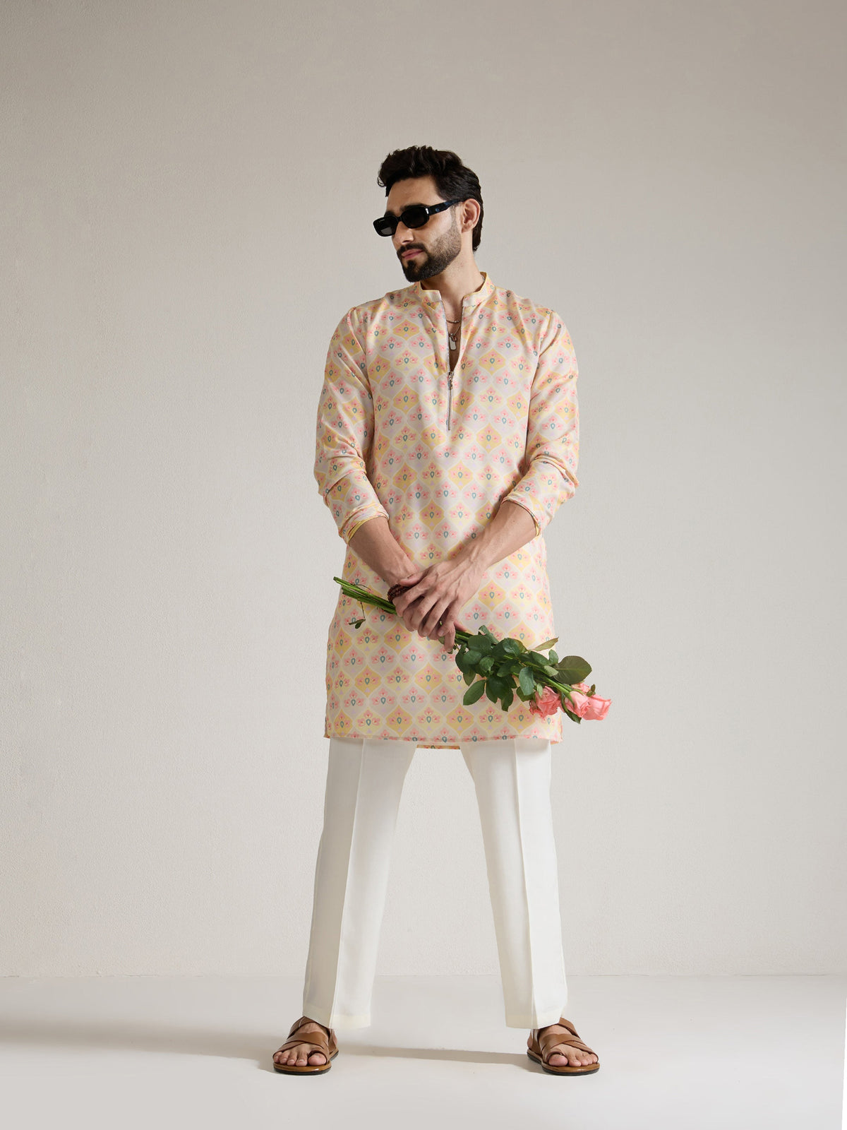 Mens Yellow Blended Print Kurta with Zip