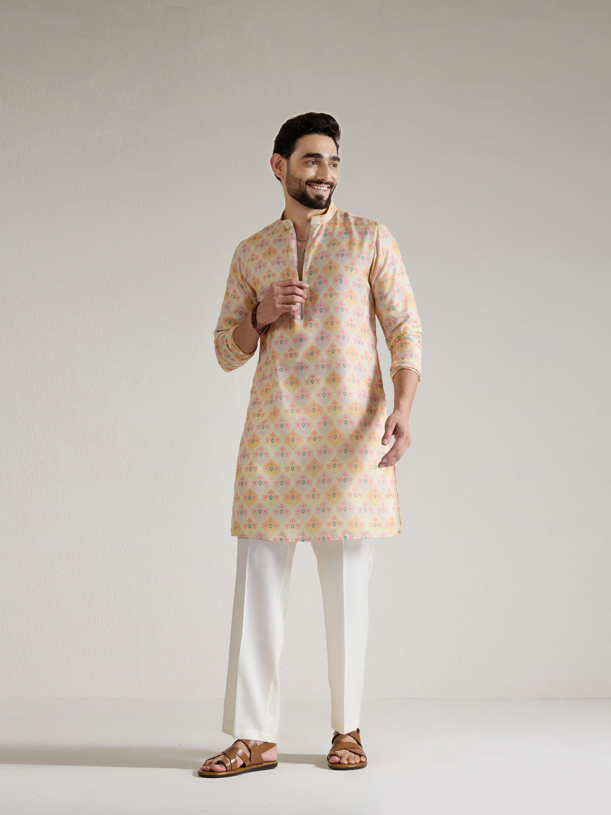 Mens Yellow Blended Print Kurta with Zip