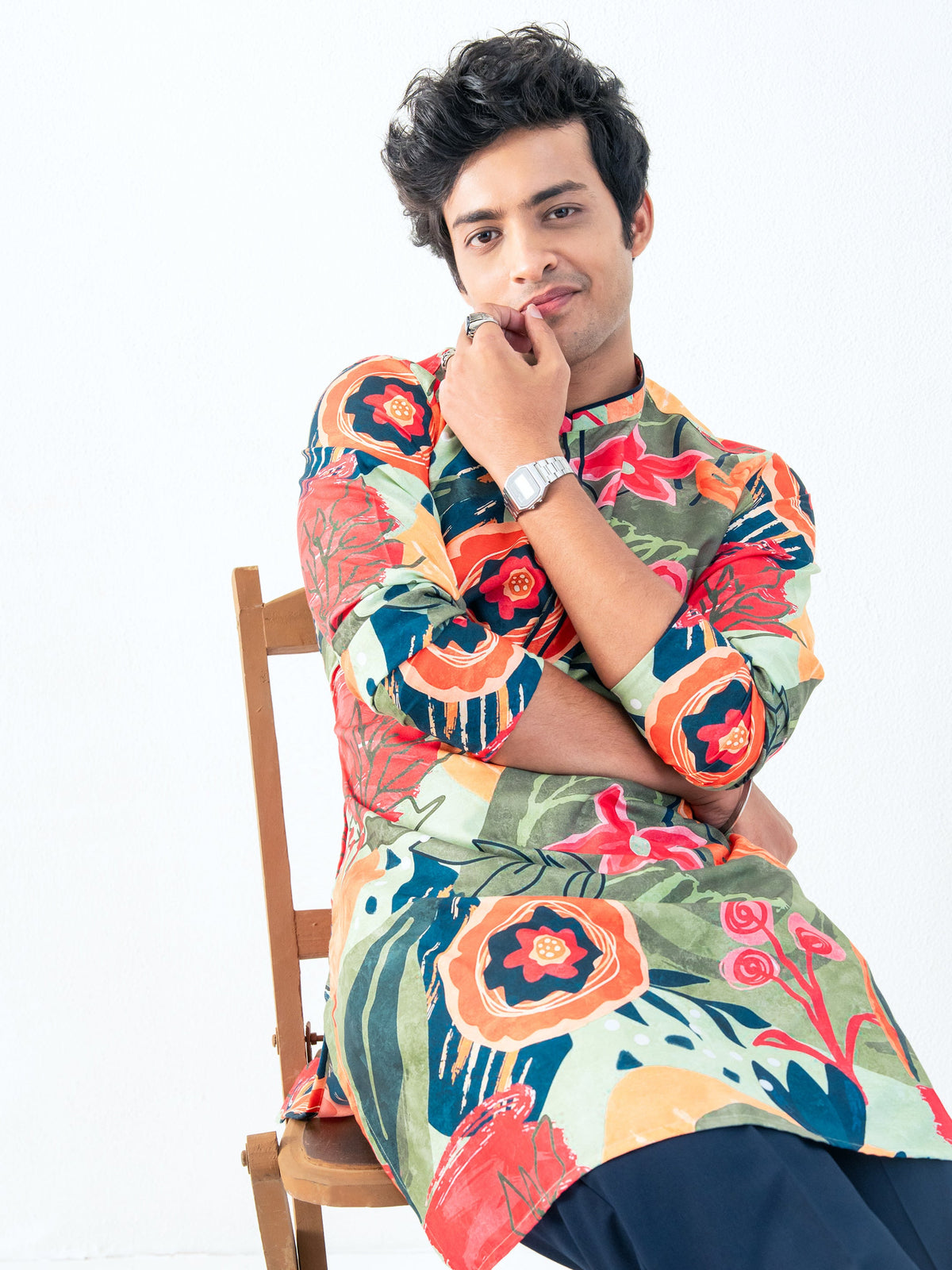 Mens Multicolor Blended Print Kurta