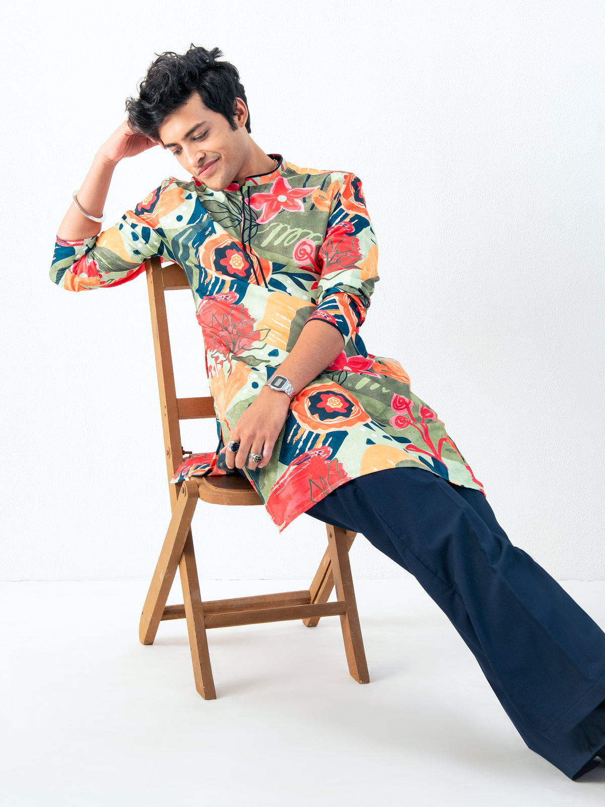 Mens Multicolor Blended Print Kurta