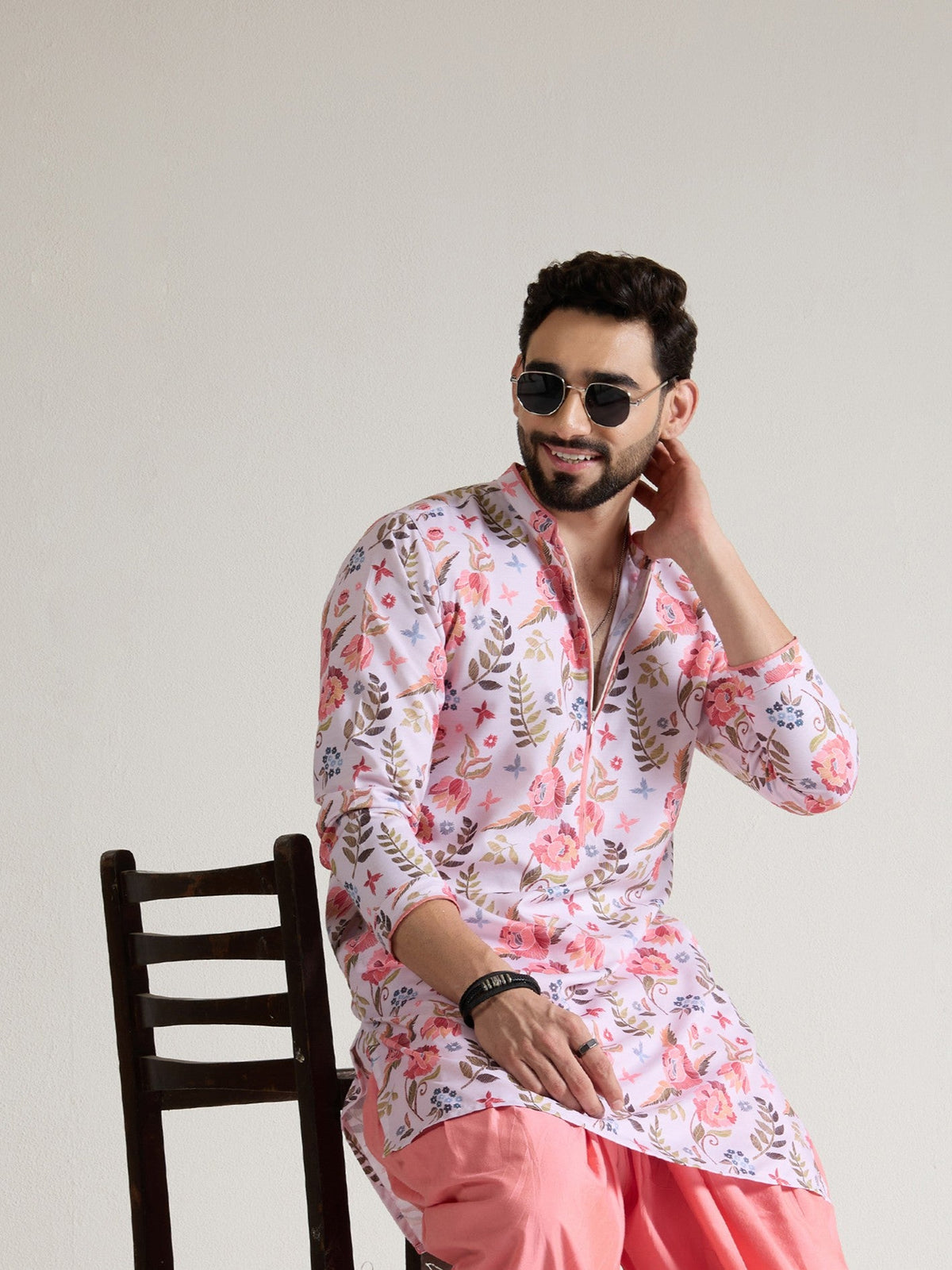 Mens Multicolor Blended Print Kurta with Zip