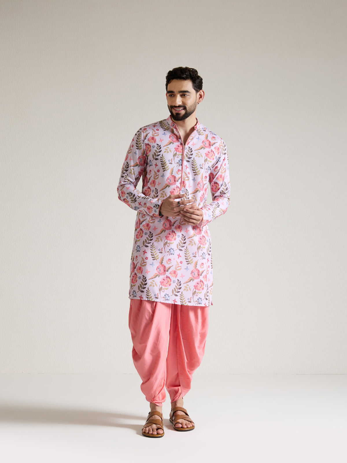Mens Multicolor Blended Print Kurta with Zip