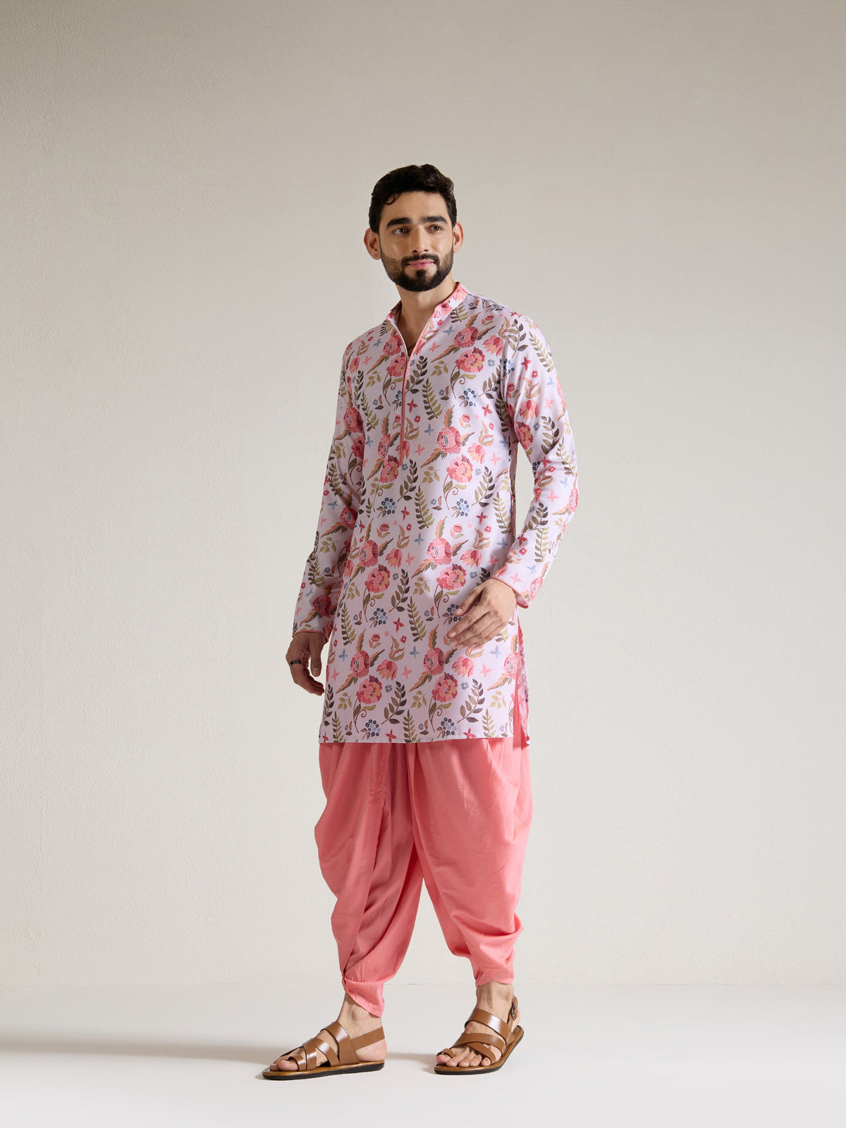 Mens Multicolor Blended Print Kurta with Zip