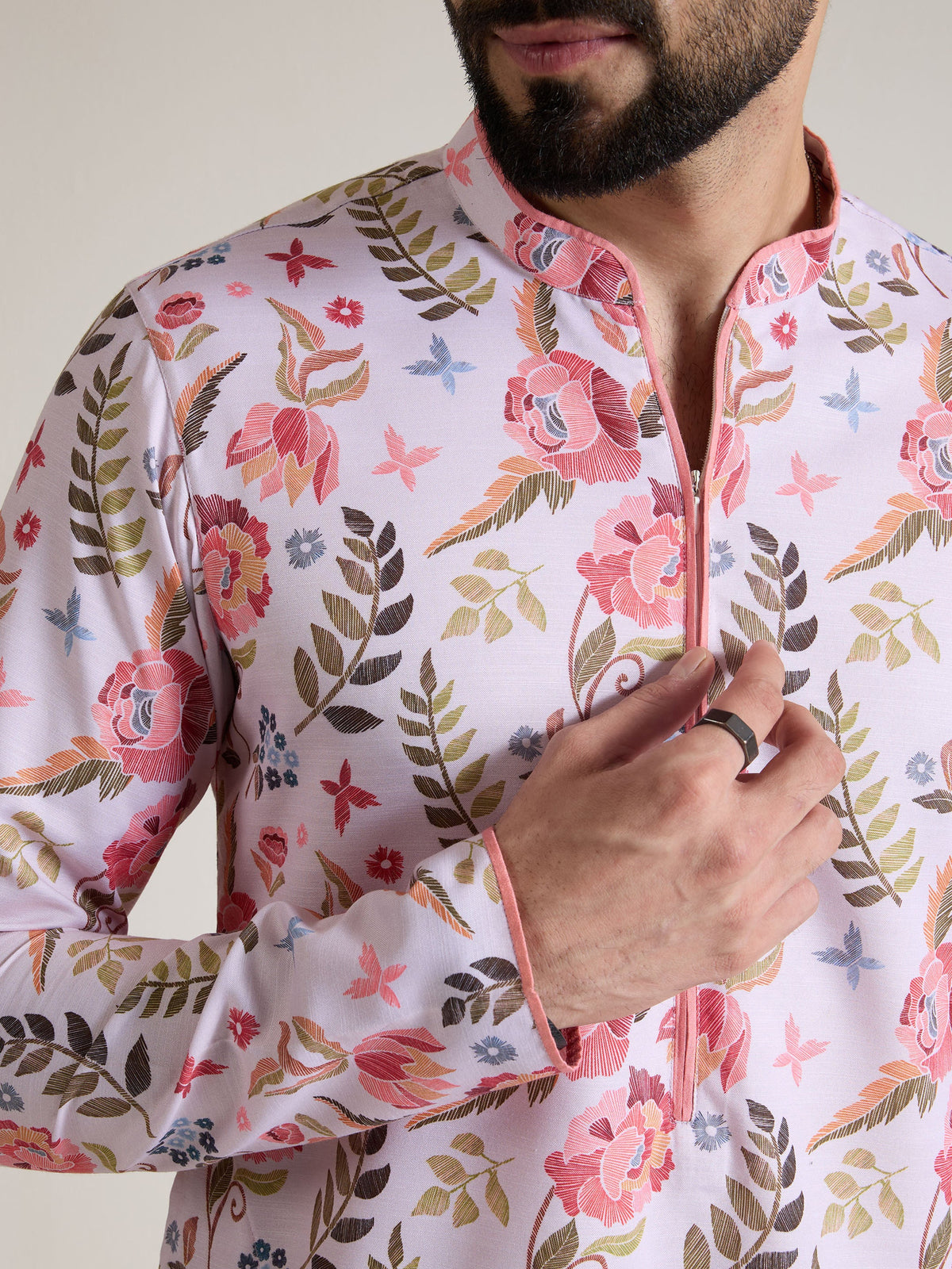 Mens Multicolor Blended Print Kurta with Zip