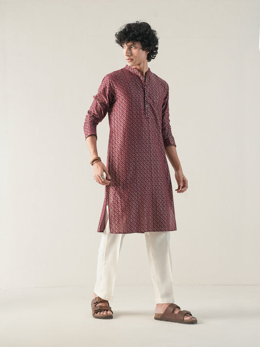 Mens Wine Cotton Dobby Kurta