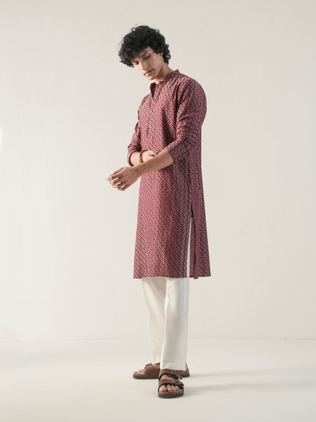 Mens Wine Cotton Dobby Kurta