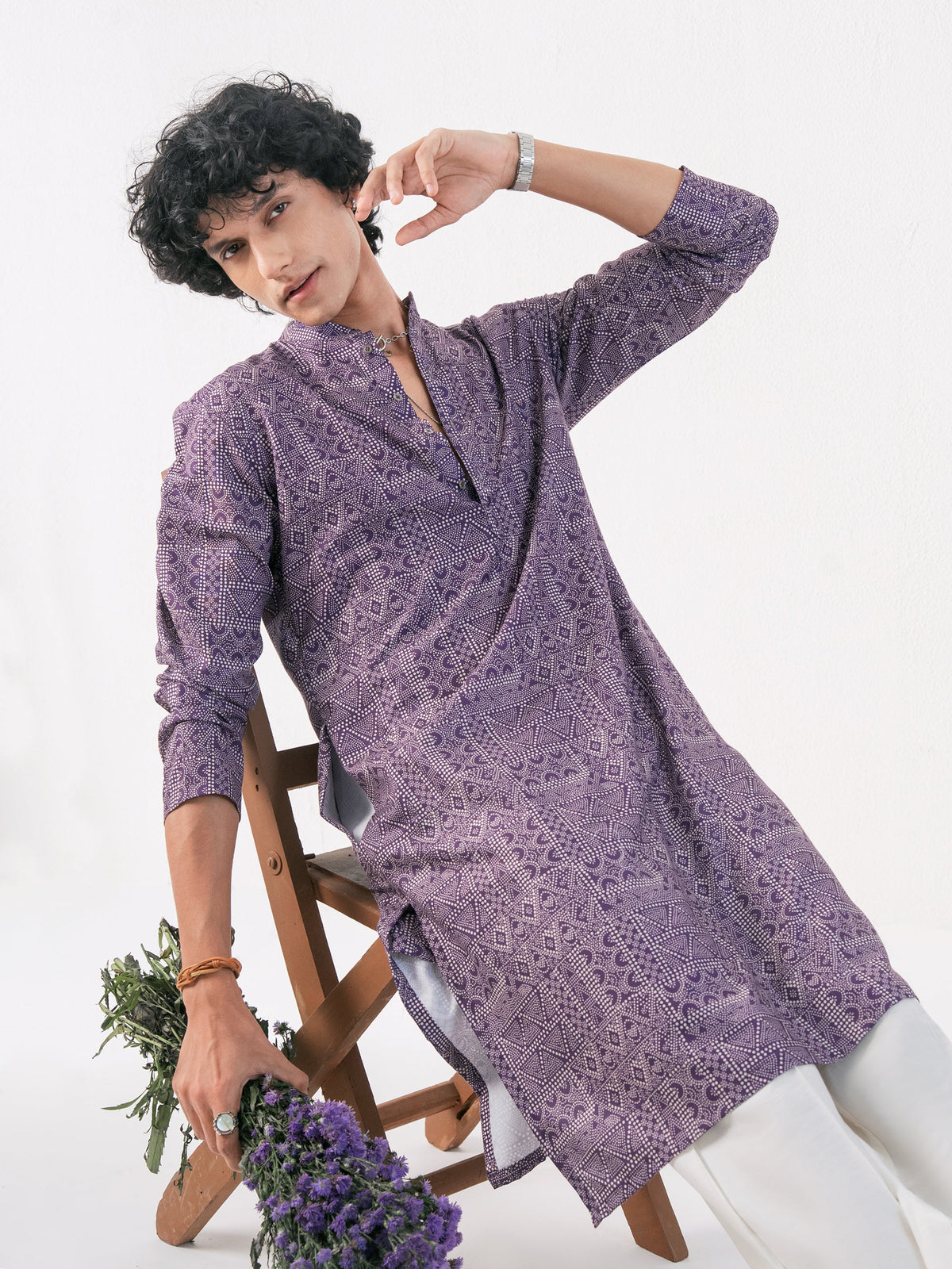 Mens Purple Cotton Print Kurta