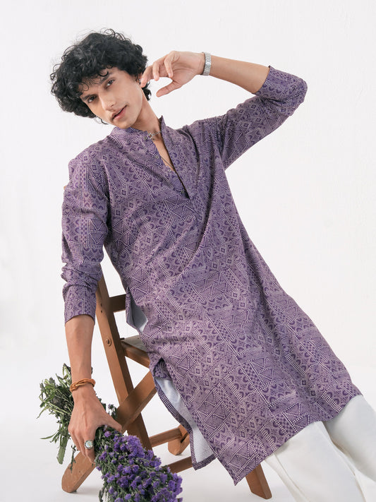 Mens Purple Cotton Print Kurta