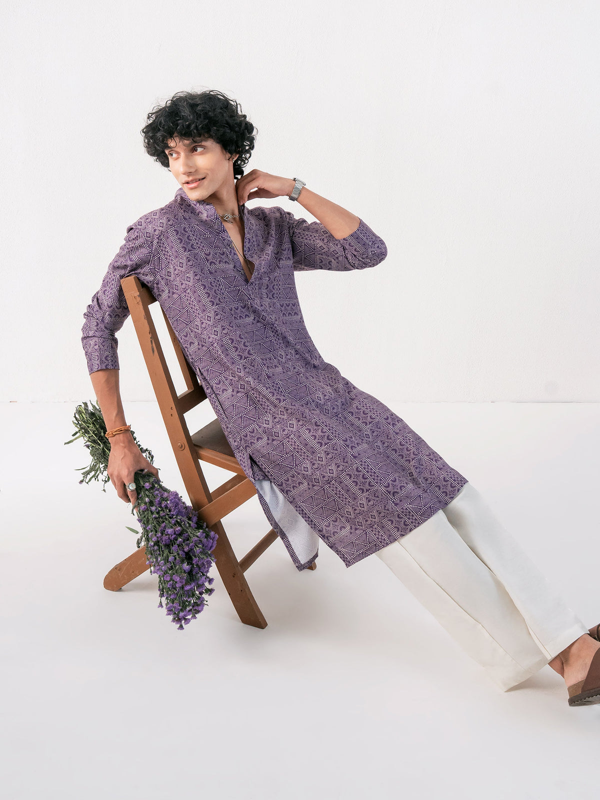 Mens Purple Cotton Print Kurta