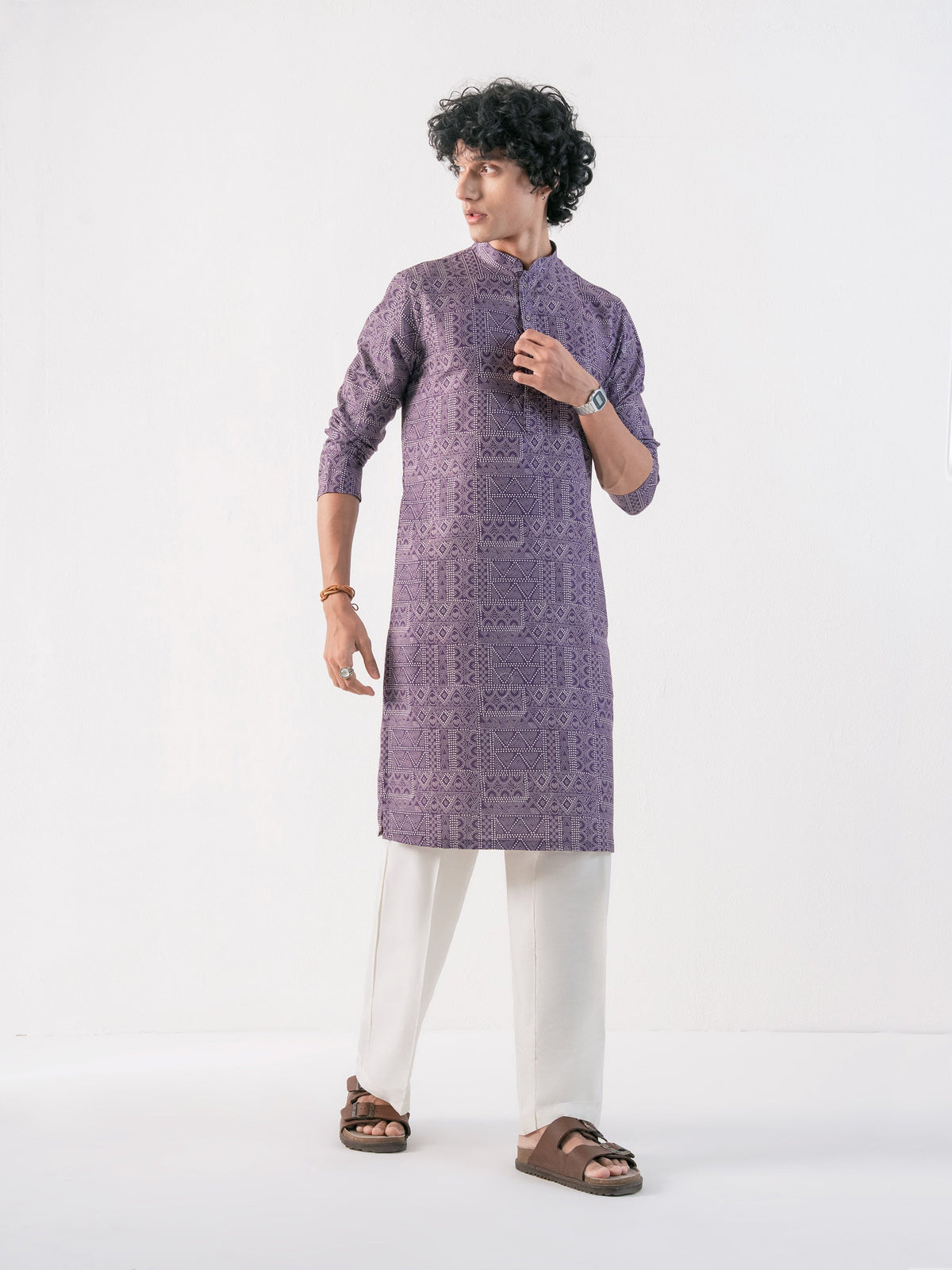 Mens Purple Cotton Print Kurta