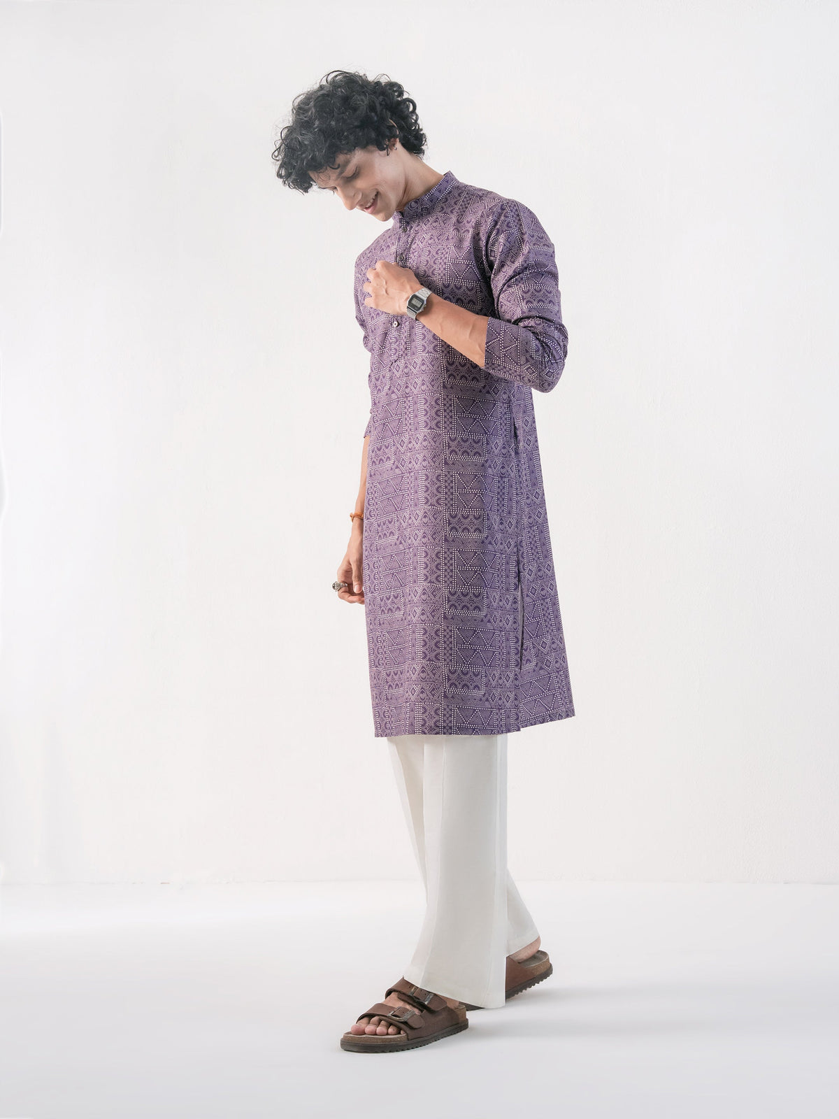 Mens Purple Cotton Print Kurta