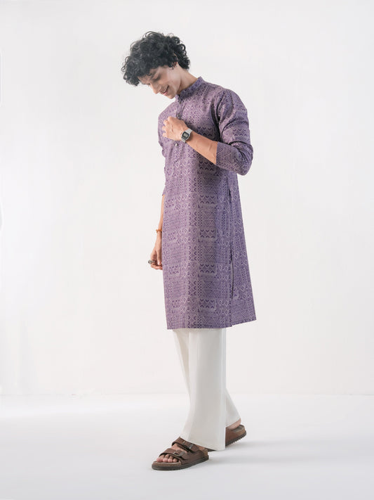 Mens Purple Cotton Print Kurta