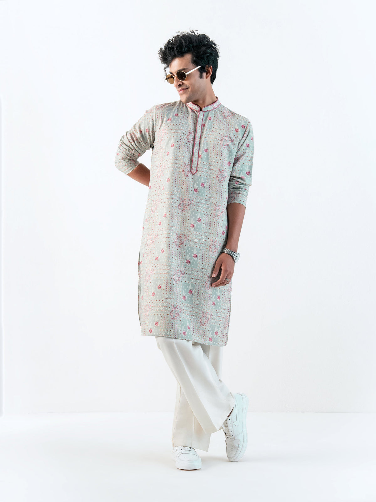 Mens Green Blended Print Kurta