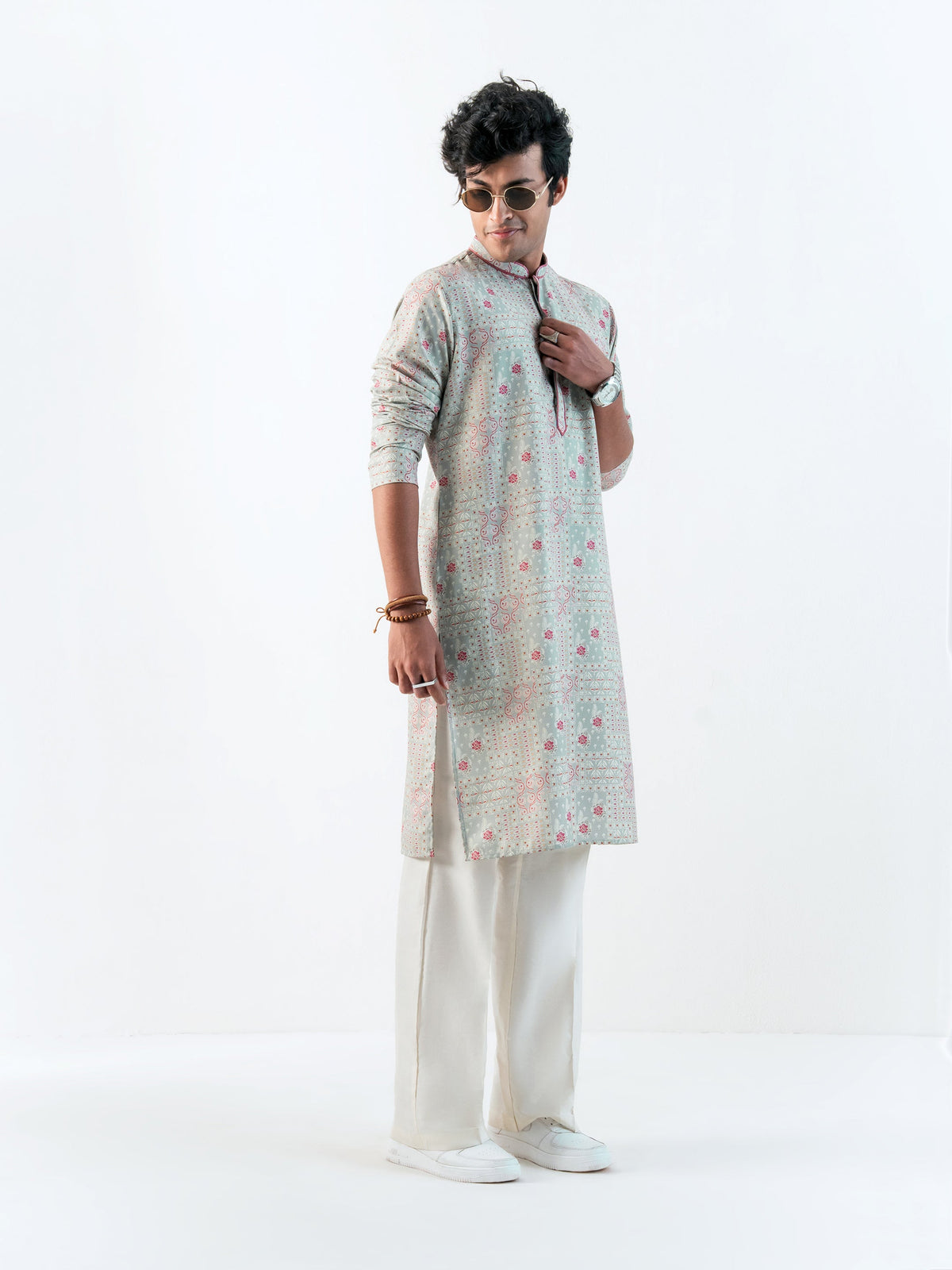 Mens Green Blended Print Kurta