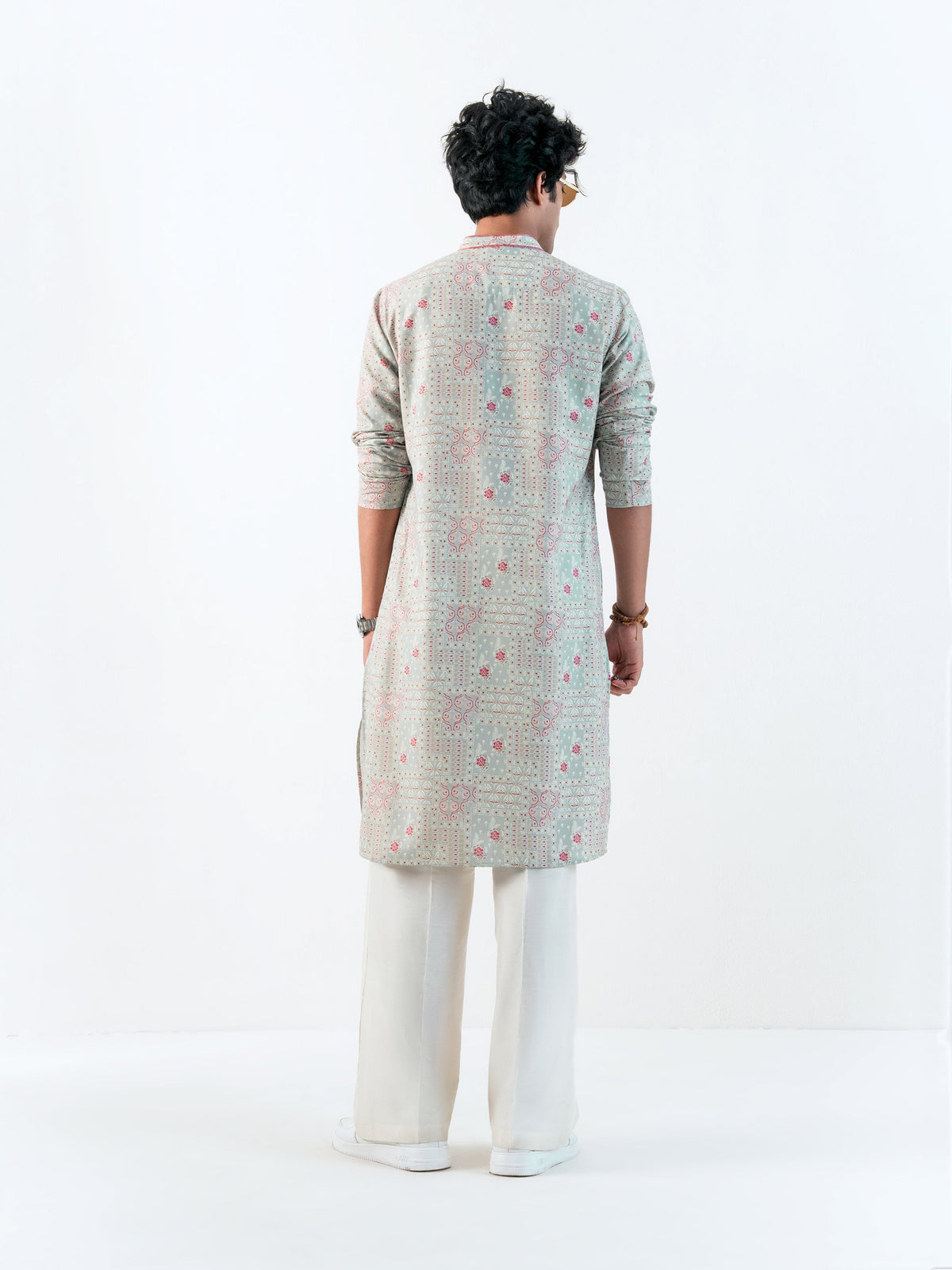 Mens Green Blended Print Kurta