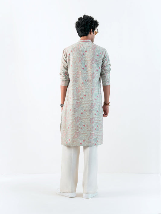 Mens Green Blended Print Kurta
