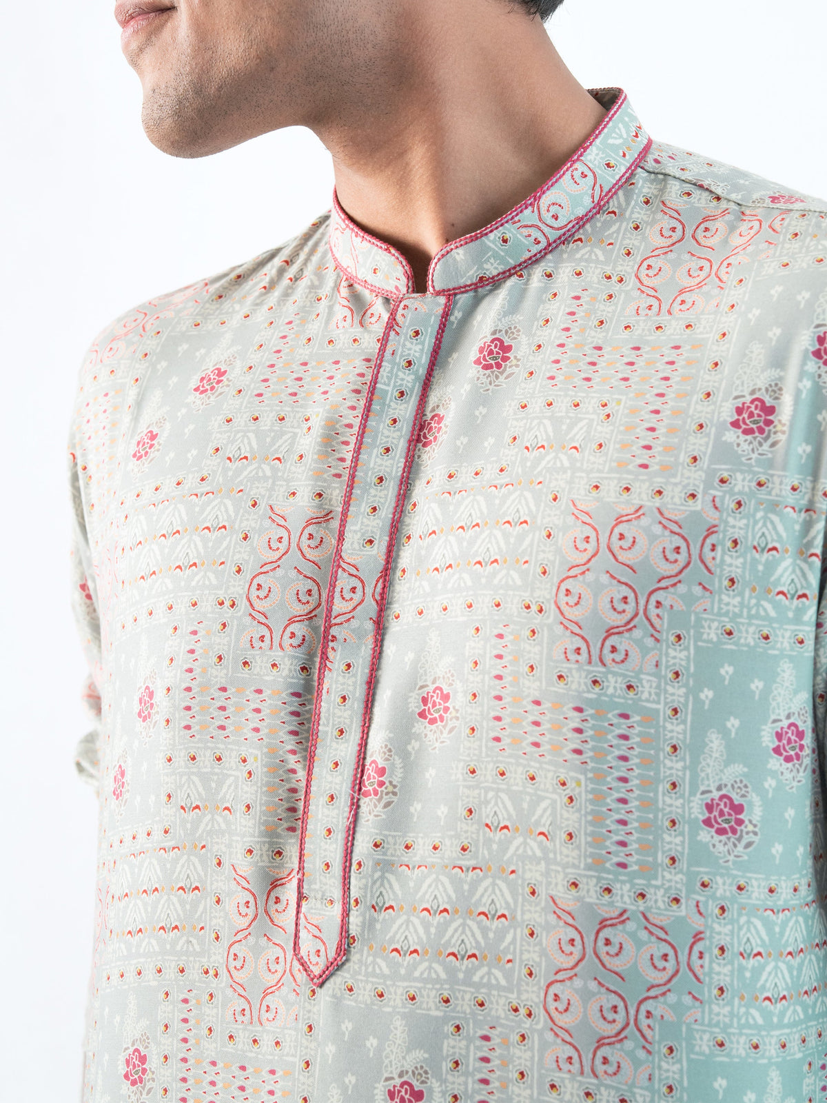 Mens Green Blended Print Kurta