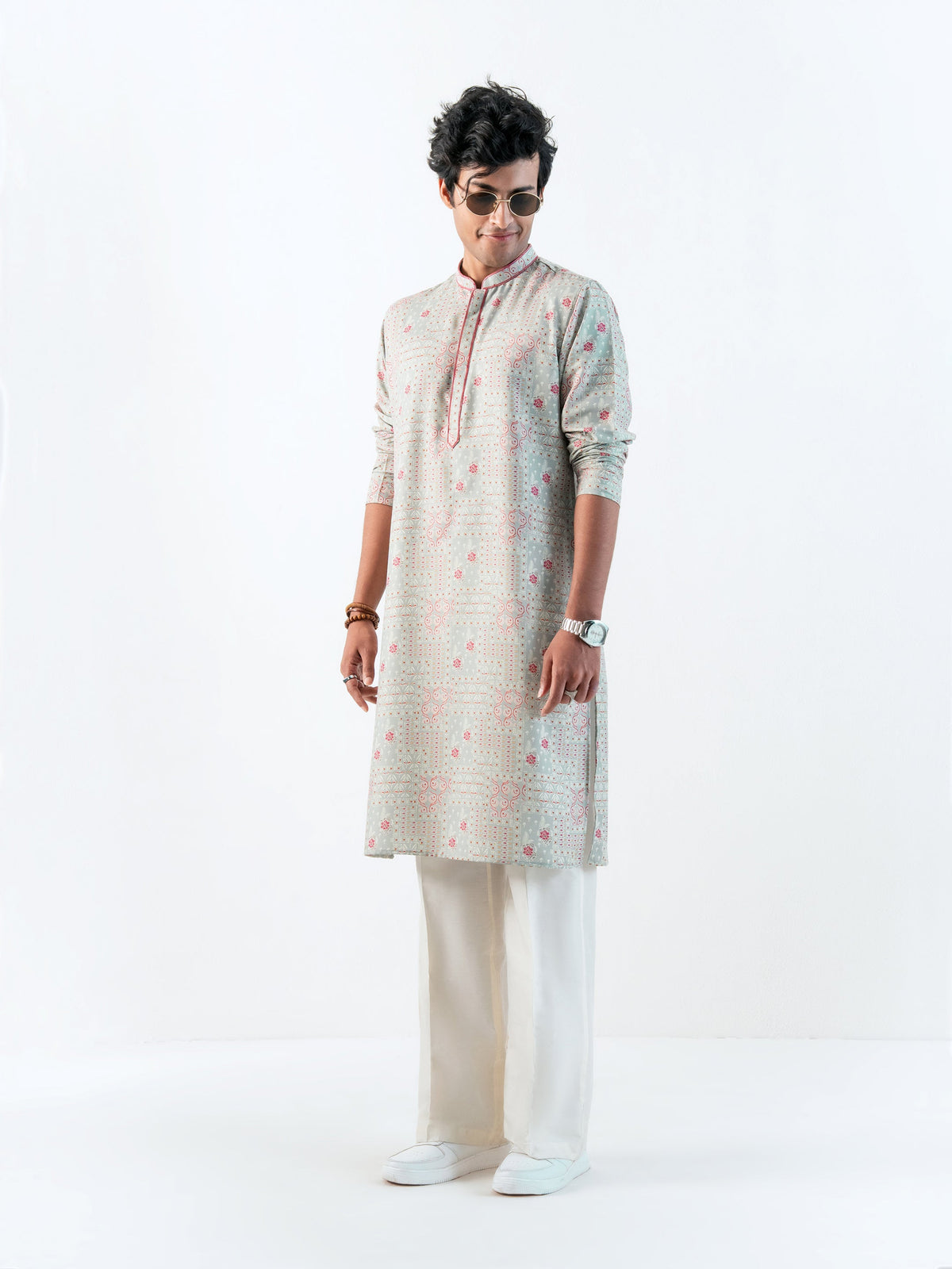 Mens Green Blended Print Kurta