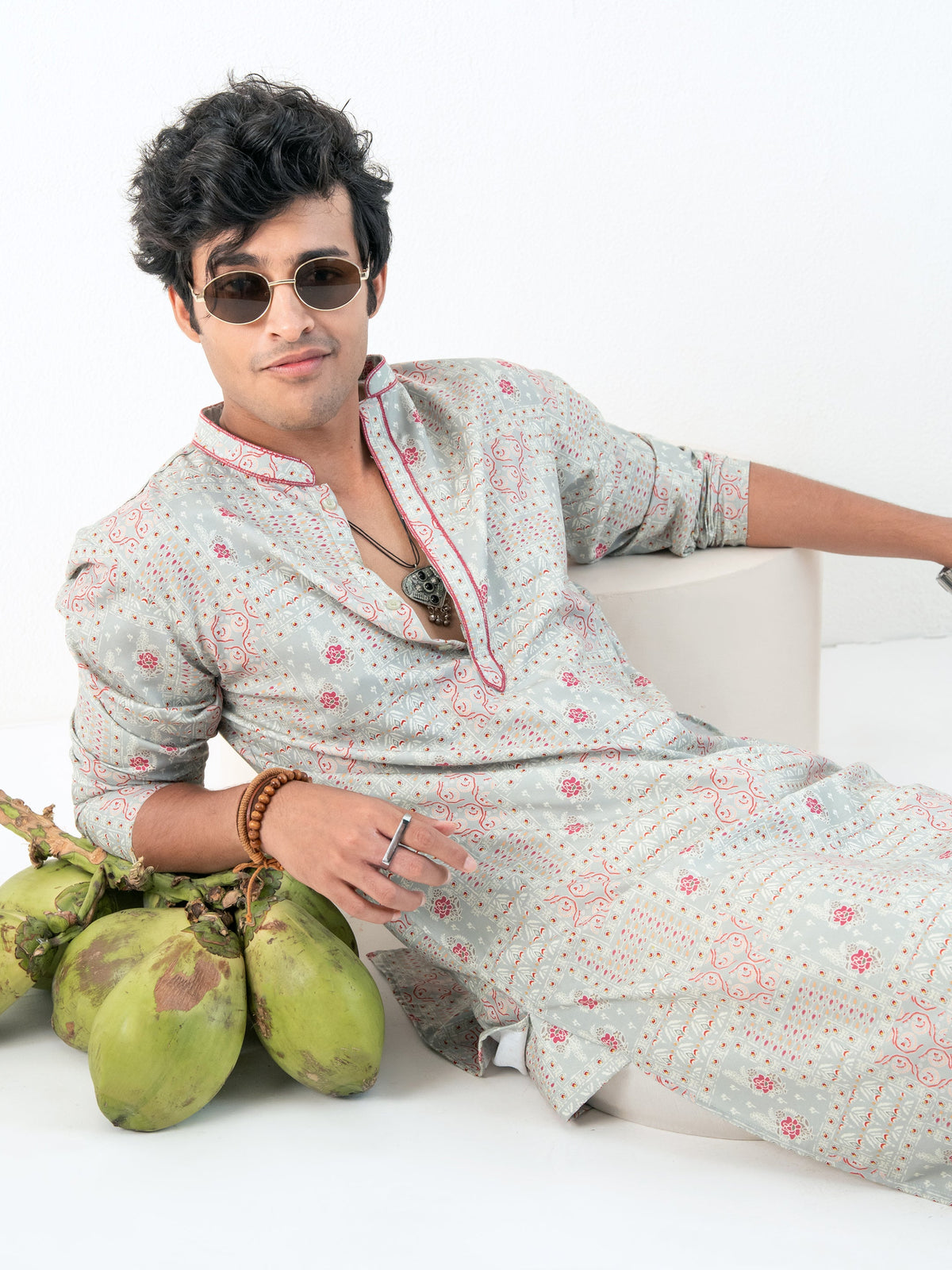 Mens Green Blended Print Kurta