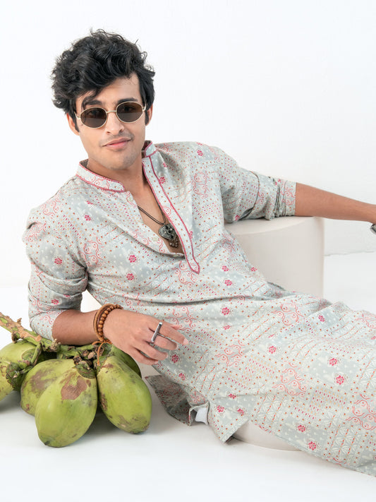 Mens Green Blended Print Kurta