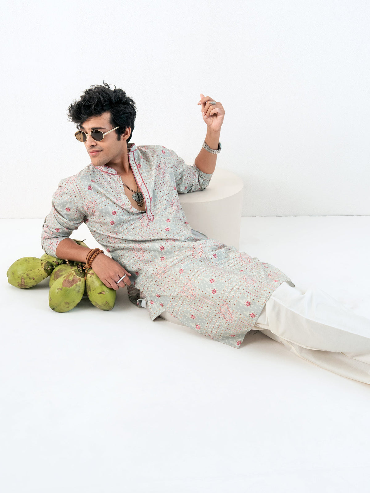 Mens Green Blended Print Kurta