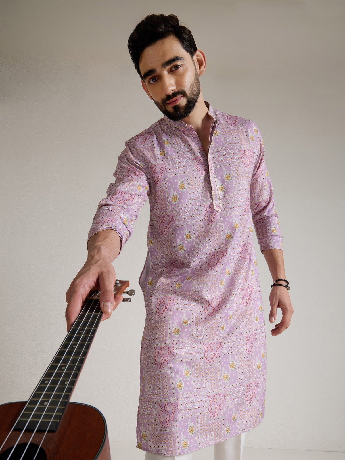 Mens Pink Blended Print Kurta