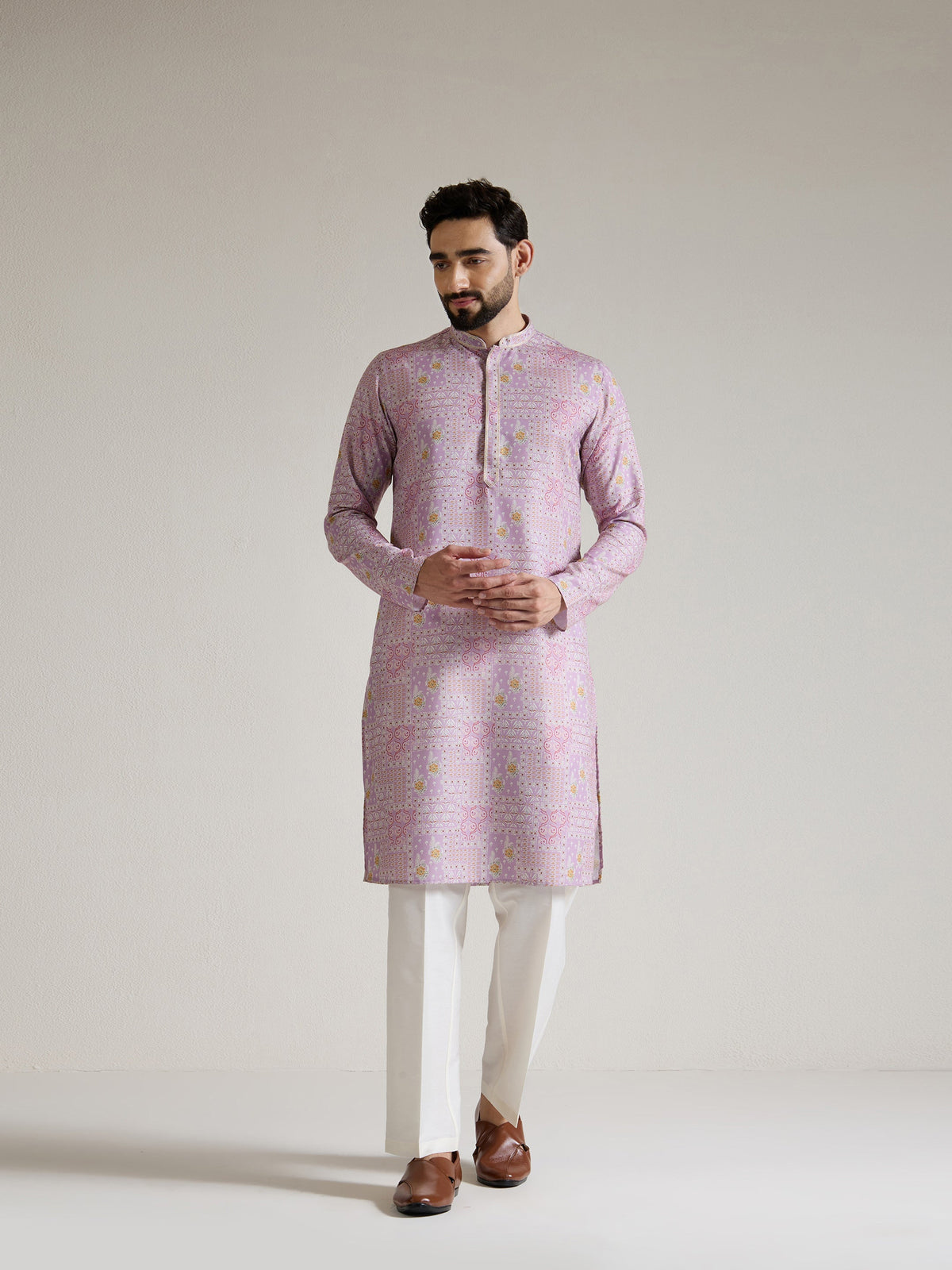 Mens Pink Blended Print Kurta
