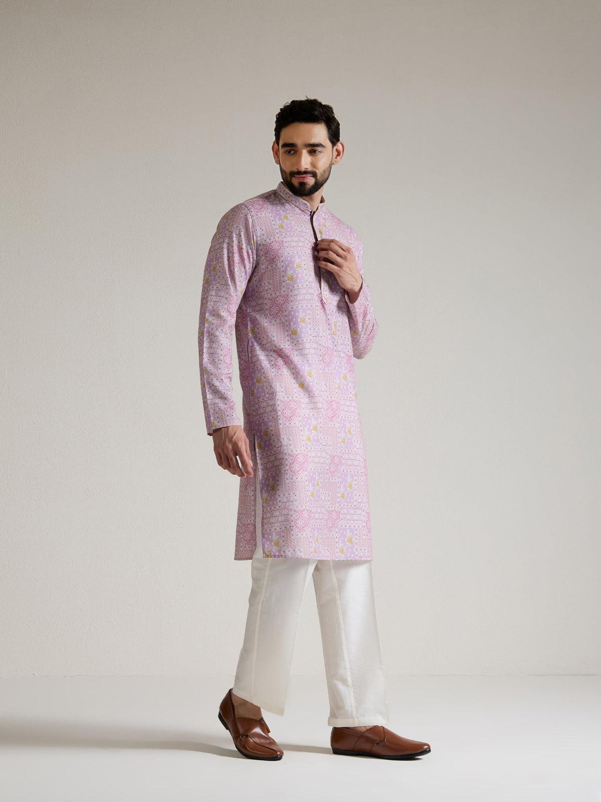Mens Pink Blended Print Kurta