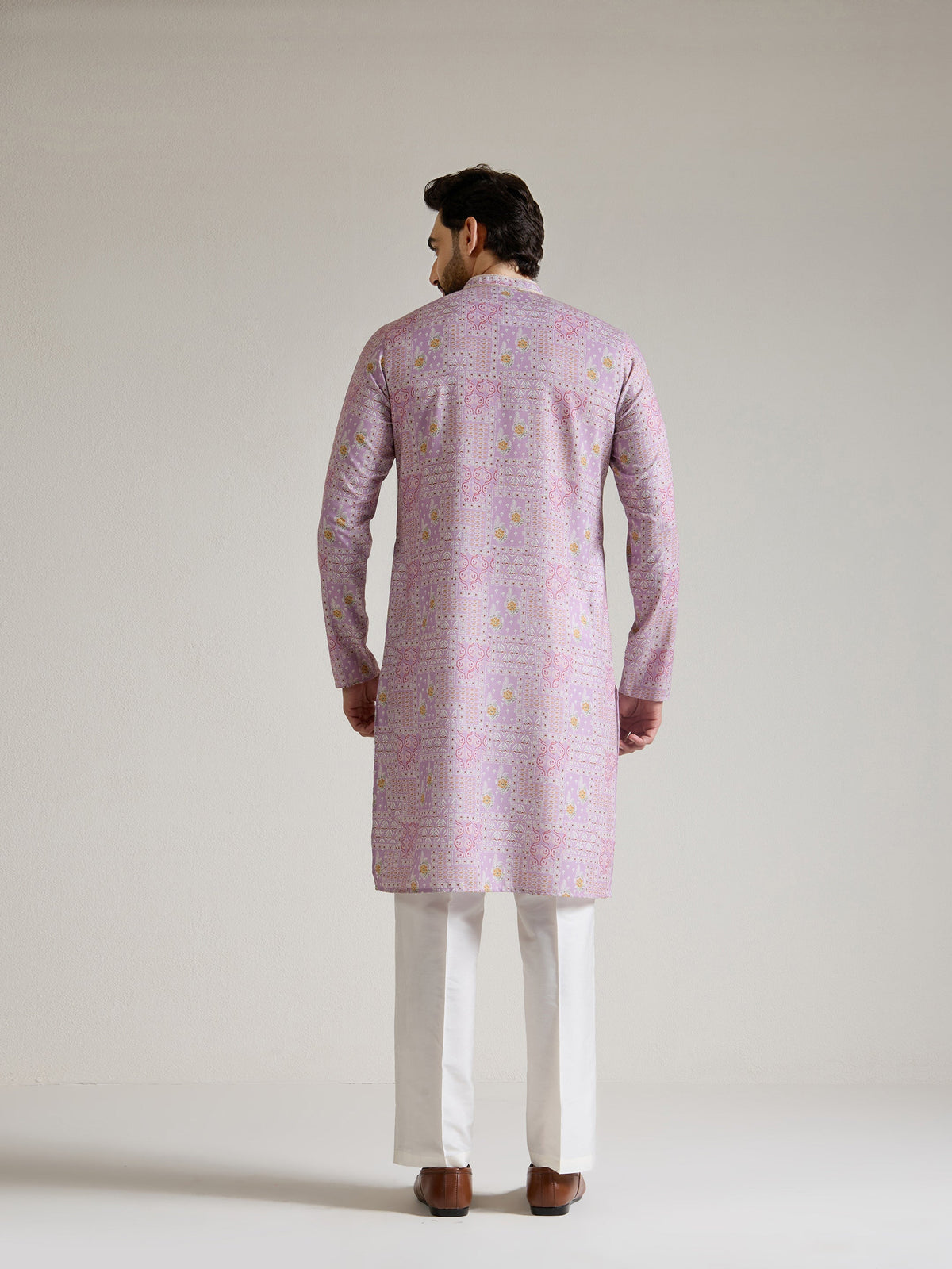 Mens Pink Blended Print Kurta