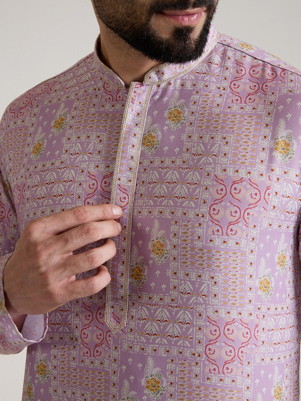 Mens Pink Blended Print Kurta