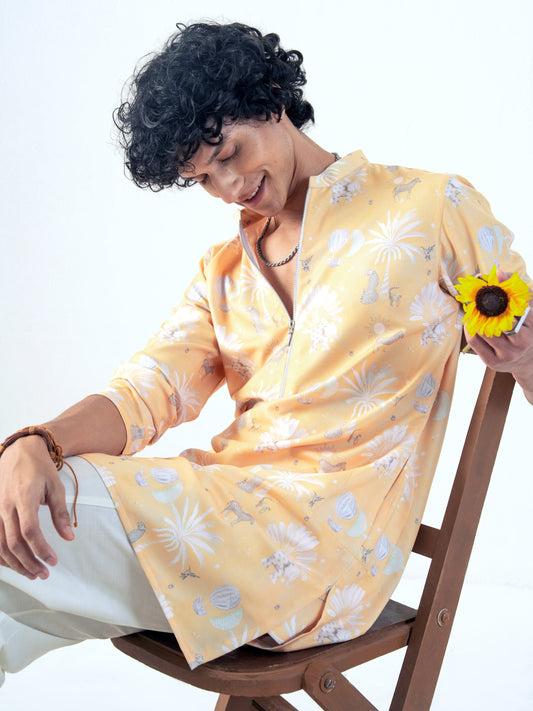Mens Yellow Blended Print Kurta with Zip
