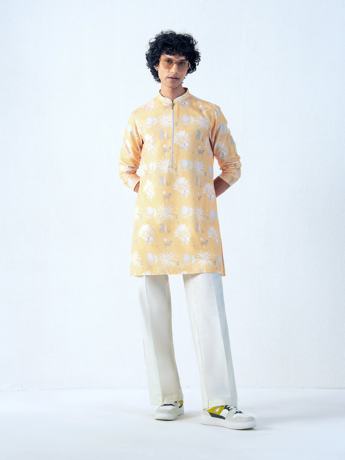 Mens Yellow Blended Print Kurta with Zip