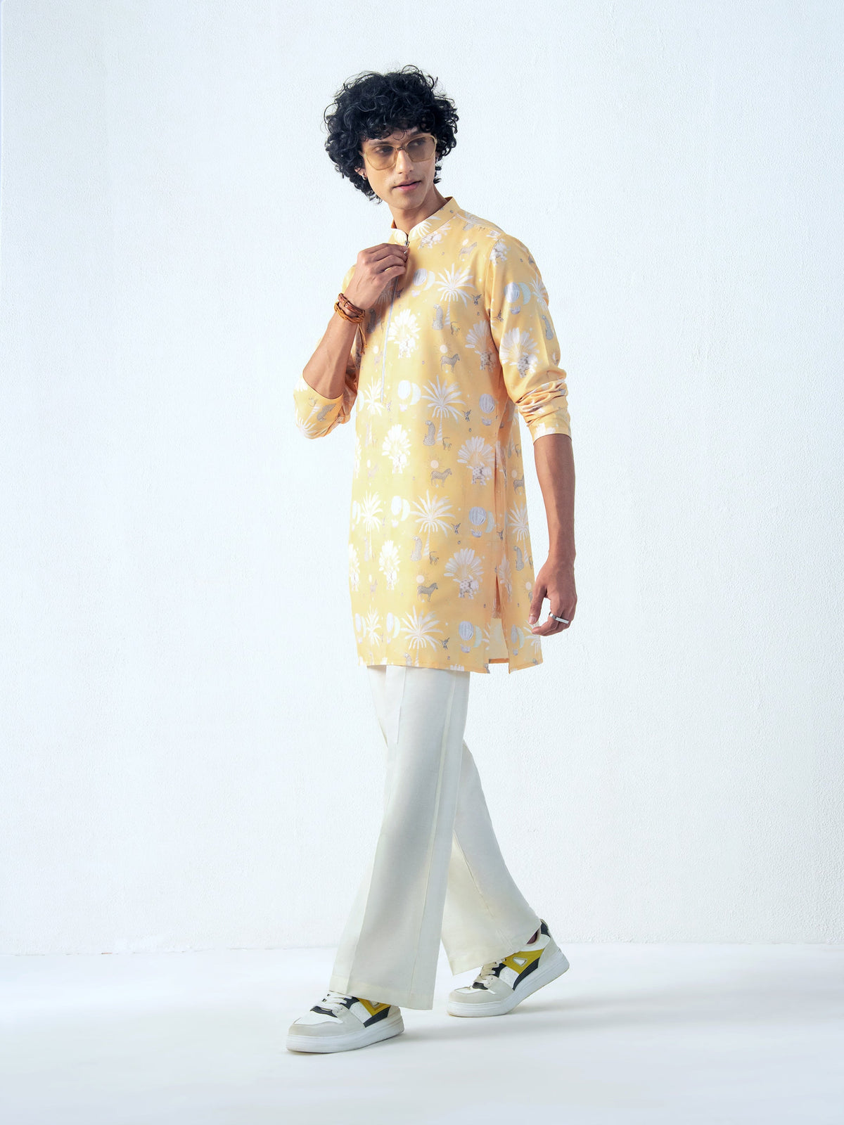 Mens Yellow Blended Print Kurta with Zip