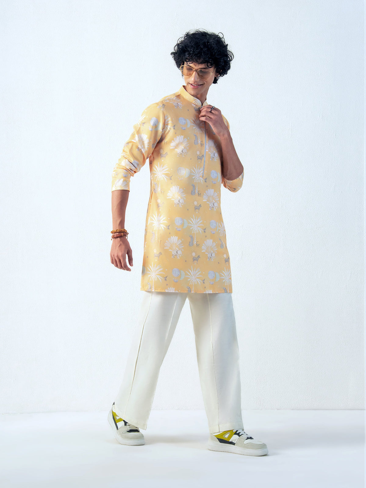 Mens Yellow Blended Print Kurta with Zip