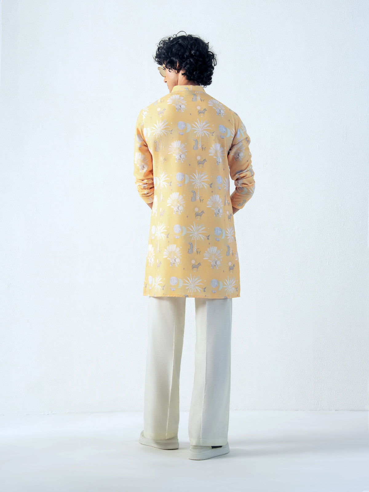 Mens Yellow Blended Print Kurta with Zip