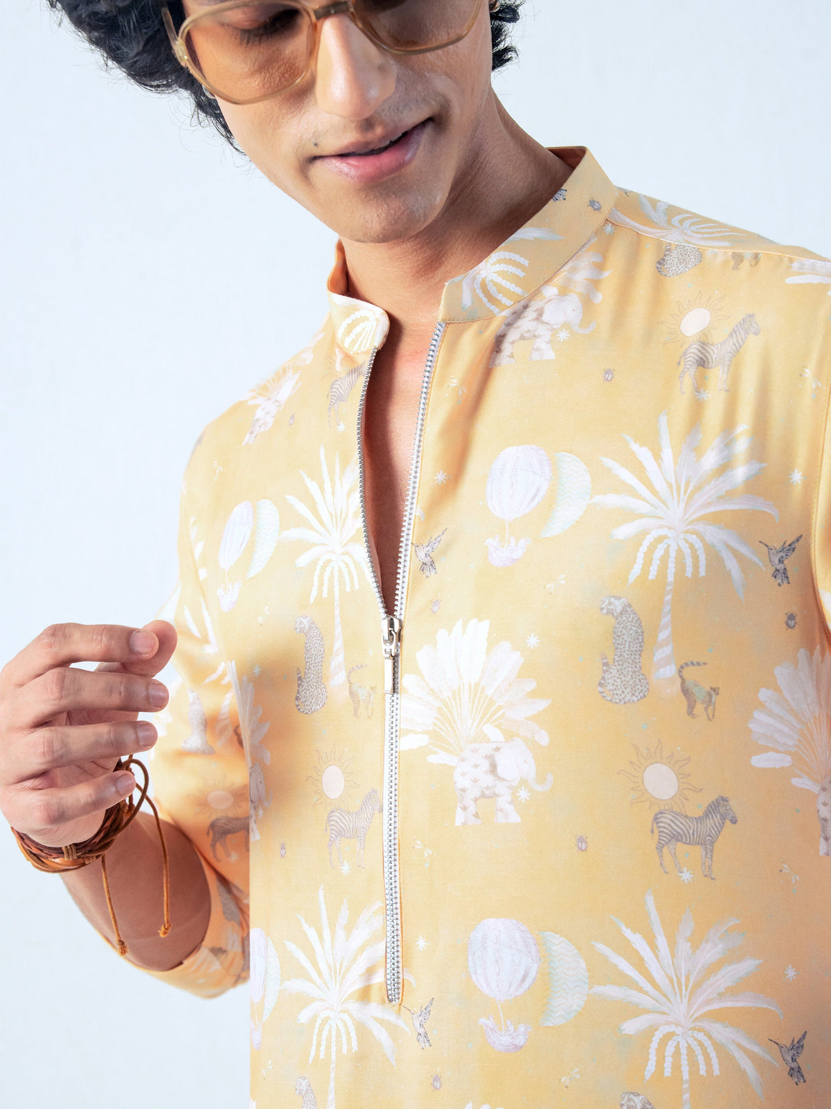Mens Yellow Blended Print Kurta with Zip