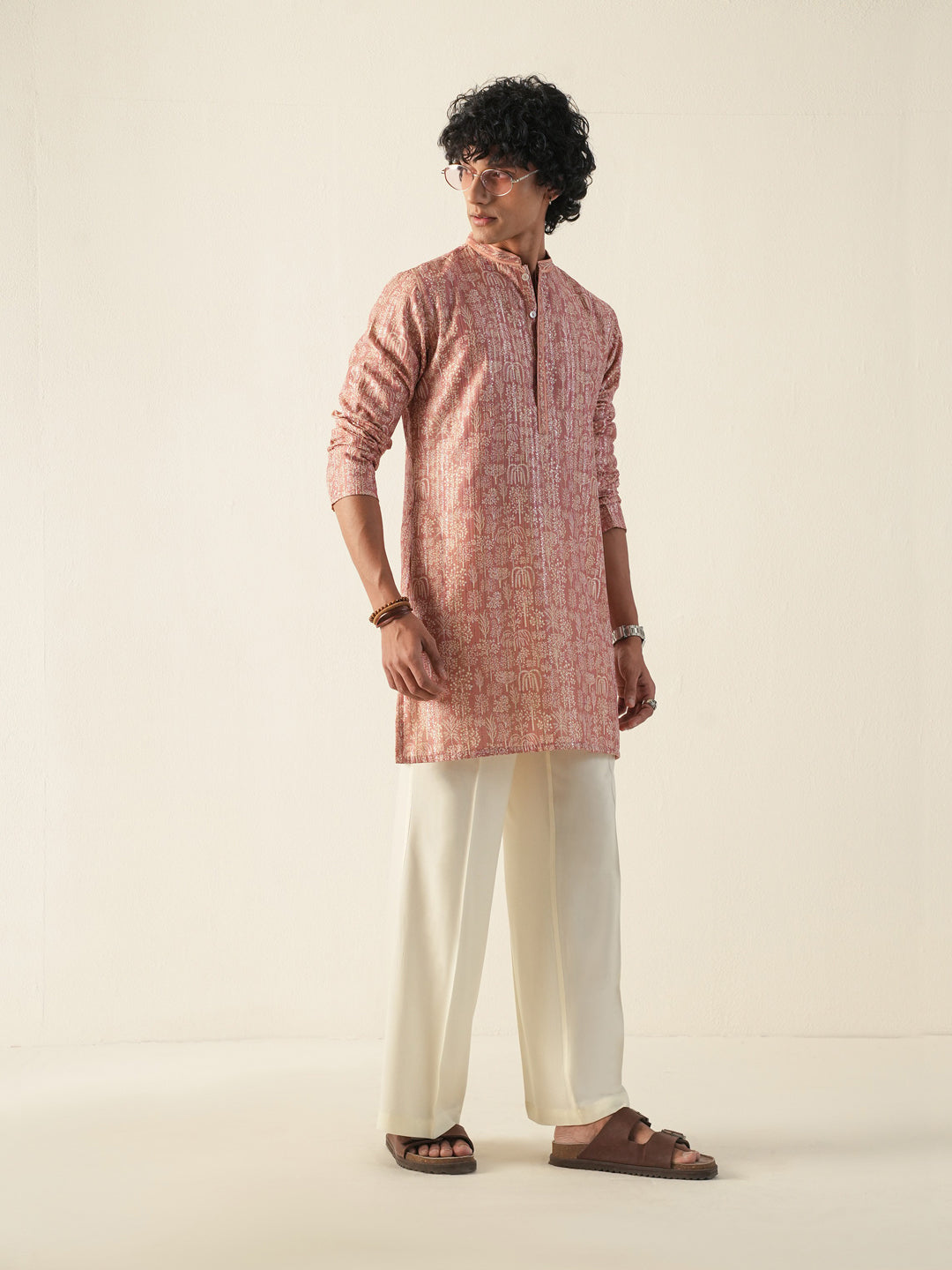Men Coral Blended Print Kurta