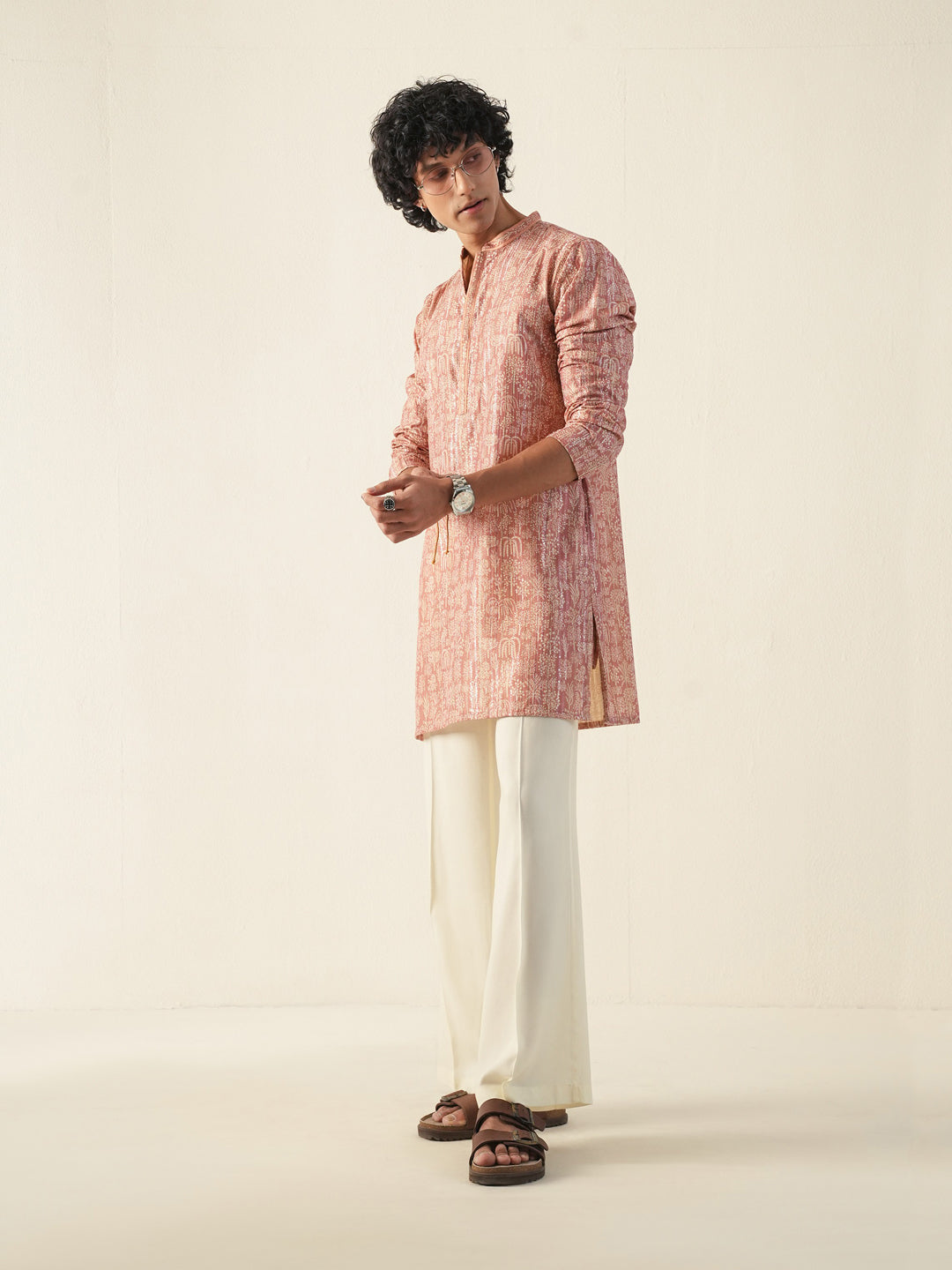 Men Coral Blended Print Kurta