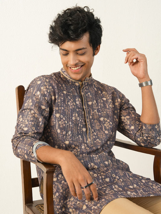 Men Grey Blended Print Kurta