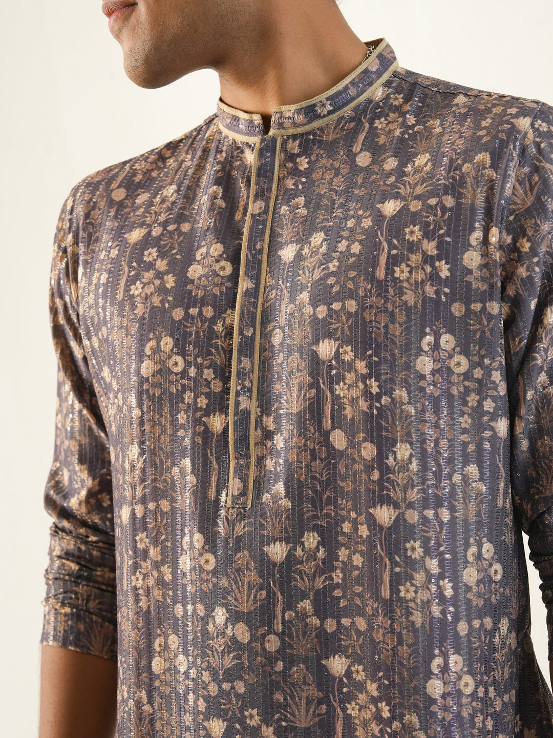 Men Grey Blended Print Kurta