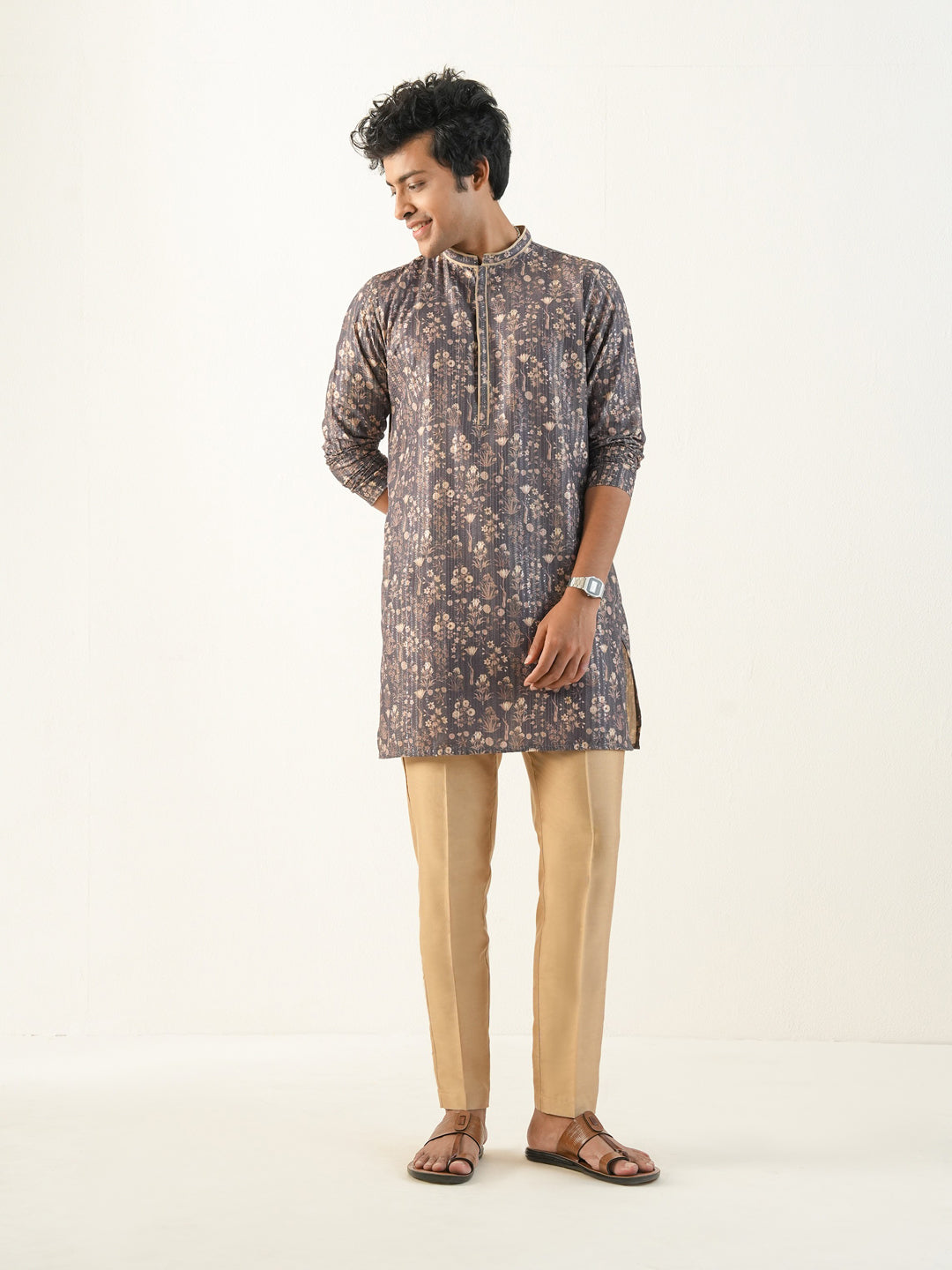 Men Grey Blended Print Kurta