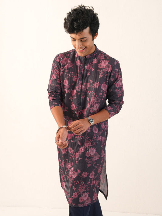 Men Black Blended Print Kurta