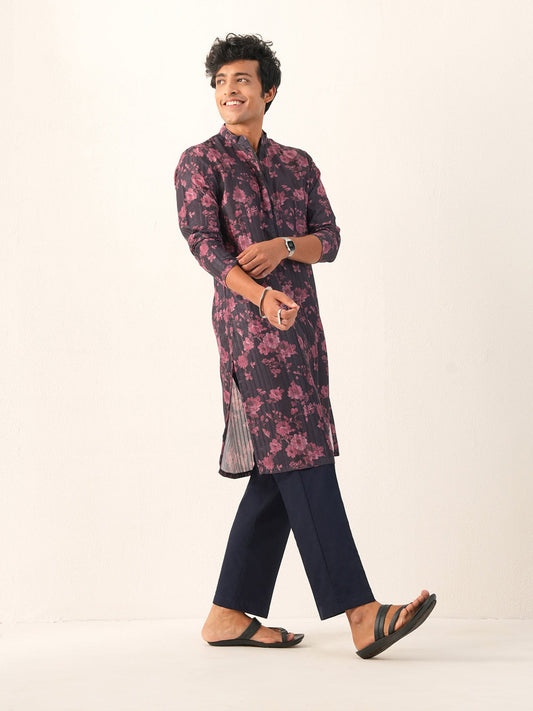 Men Black Blended Print Kurta