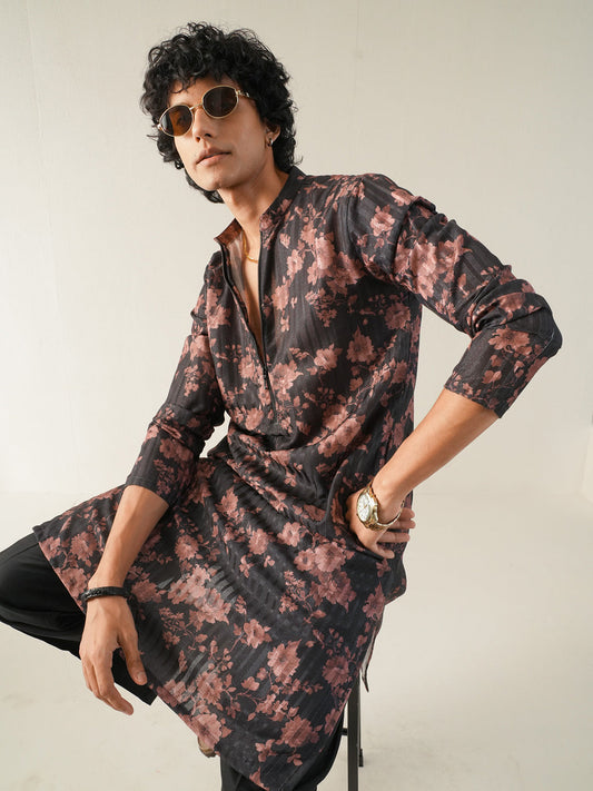 Men Black Blended Print Kurta
