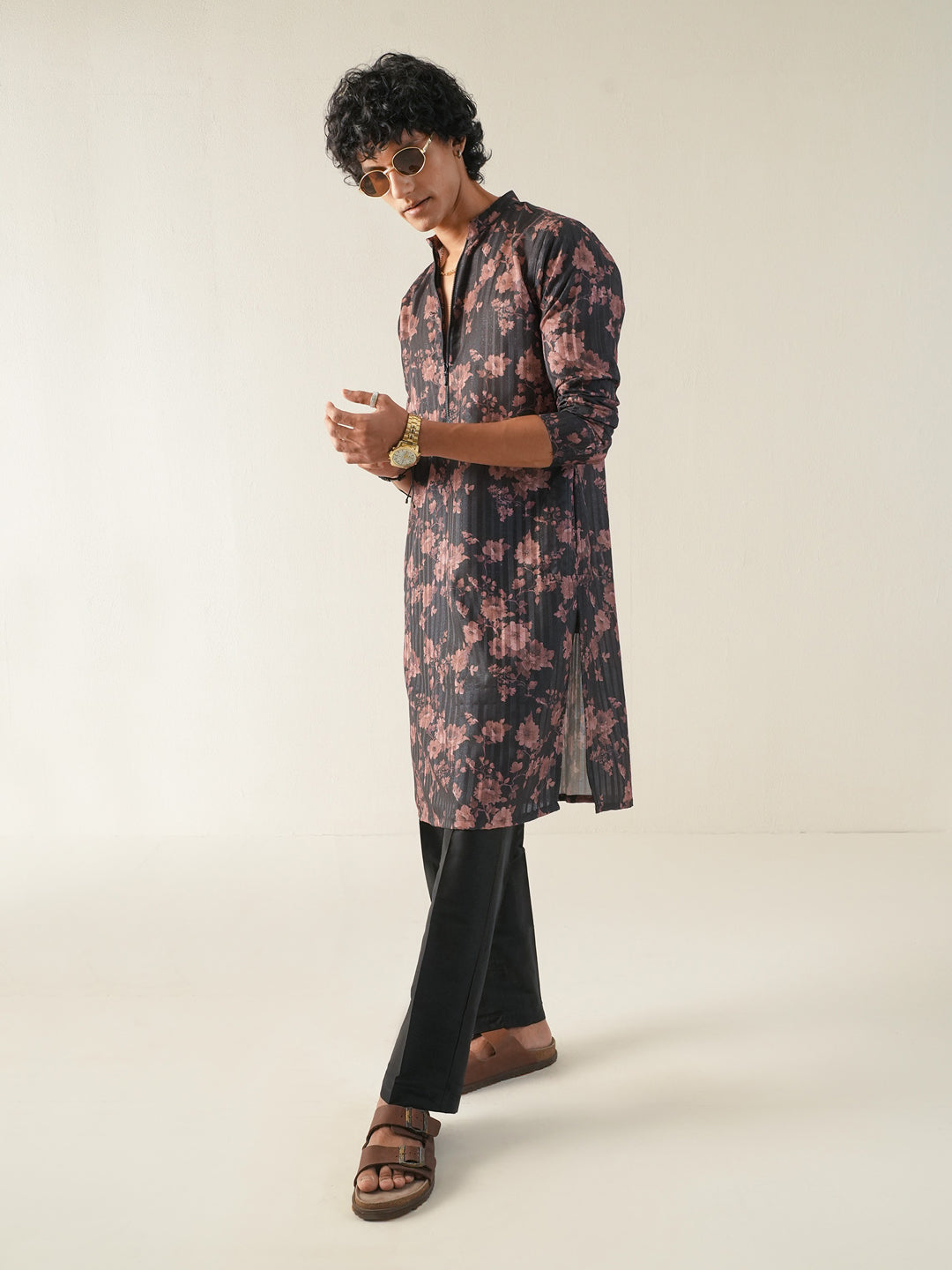 Men Black Blended Print Kurta