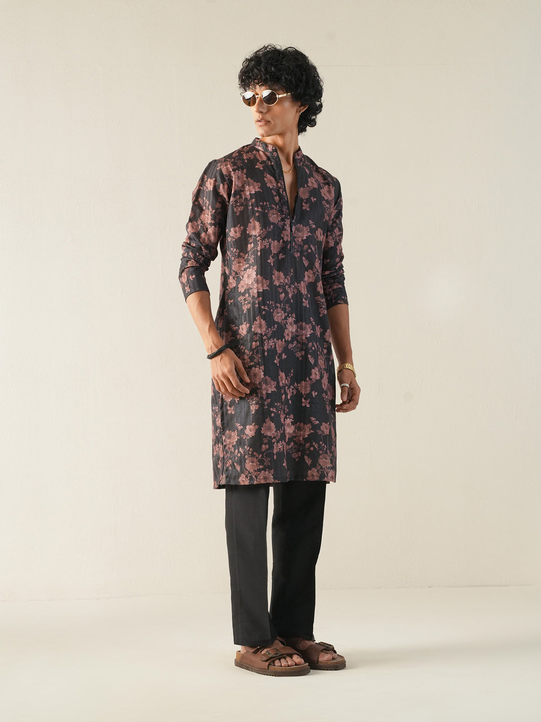 Men Black Blended Print Kurta